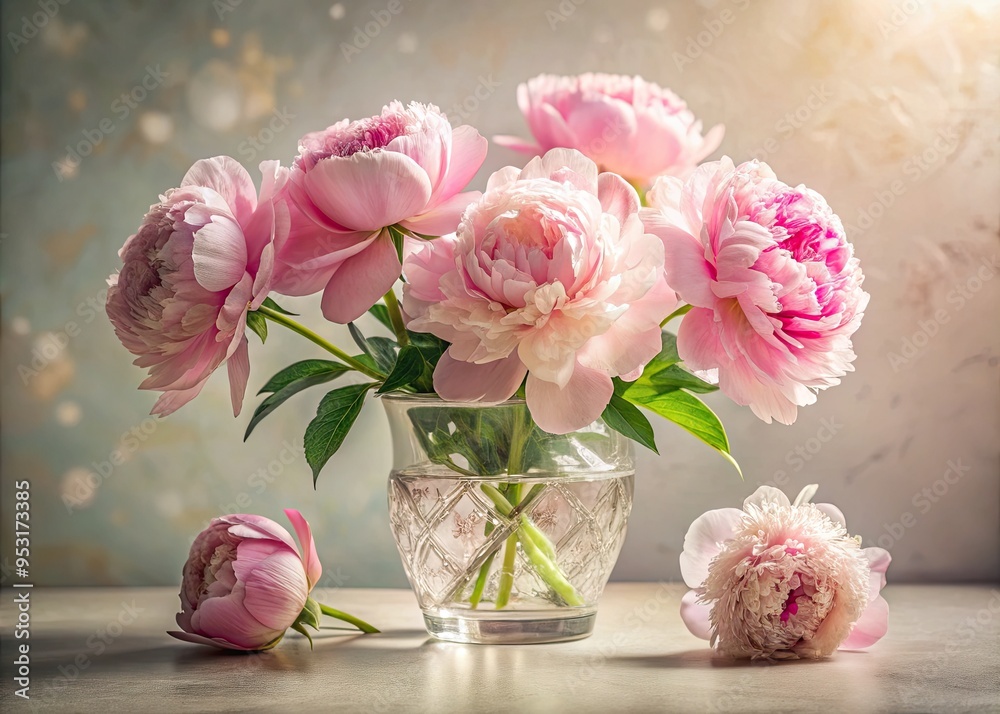 Delicate pink peonies burst forth from a translucent glass vase adorned with intricate etchings, set against a soft, creamy background illuminated by warm, natural light.