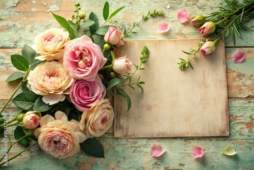 Delicate pink flowers and lush greenery adorn a soft, creamy background with a distressed, vintage-inspired card, evoking a sense of romance and nostalgia. photo