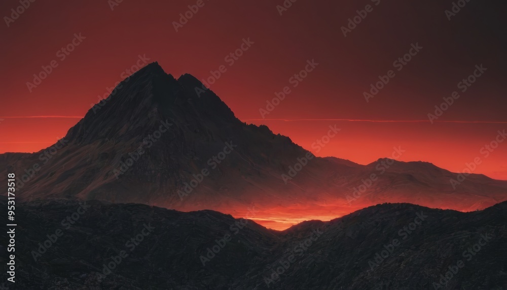 A dark, craggy mountain range silhouetted against a vibrant red sky, creating a dramatic landscape. A dark, craggy mountain range silhouetted against a vibrant red sky, creating a dramatic landscape.