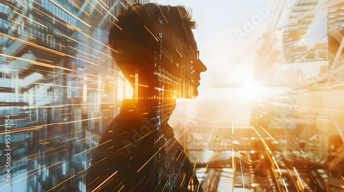 Double exposure businessman with technology  lights in the background
