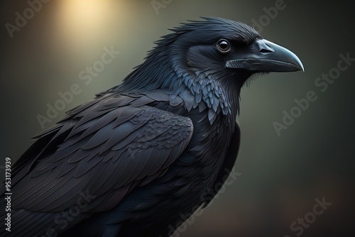 Close-up portrait of a black raven on a dark background. generative ai