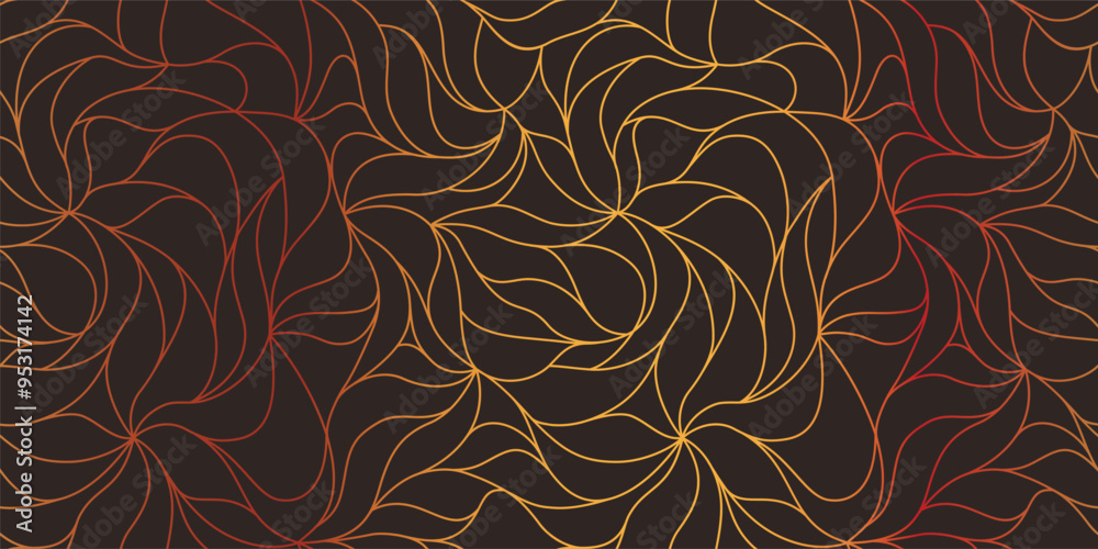 Curly waves tracery, curved lines, stylized abstract petals pattern. Seamless leaf background. Golden outline and red texture. Organic wallpapers for printing on paper or fabric. Vector Curly waves tracery, curved lines, stylized abstract petals pattern. Seamless leaf background. Golden outline and red texture. Organic wallpapers for printing on paper or fabric. Vector