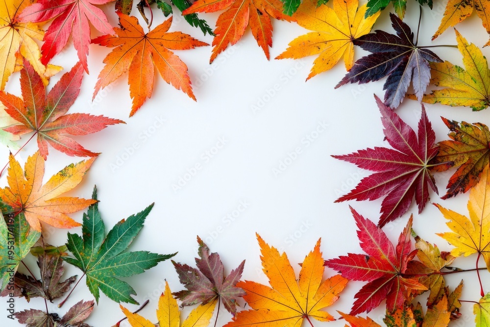 Autumn Maple Leaves Flat Lay White Background created with Generative AI Autumn Maple Leaves Flat Lay White Background created with Generative AI
