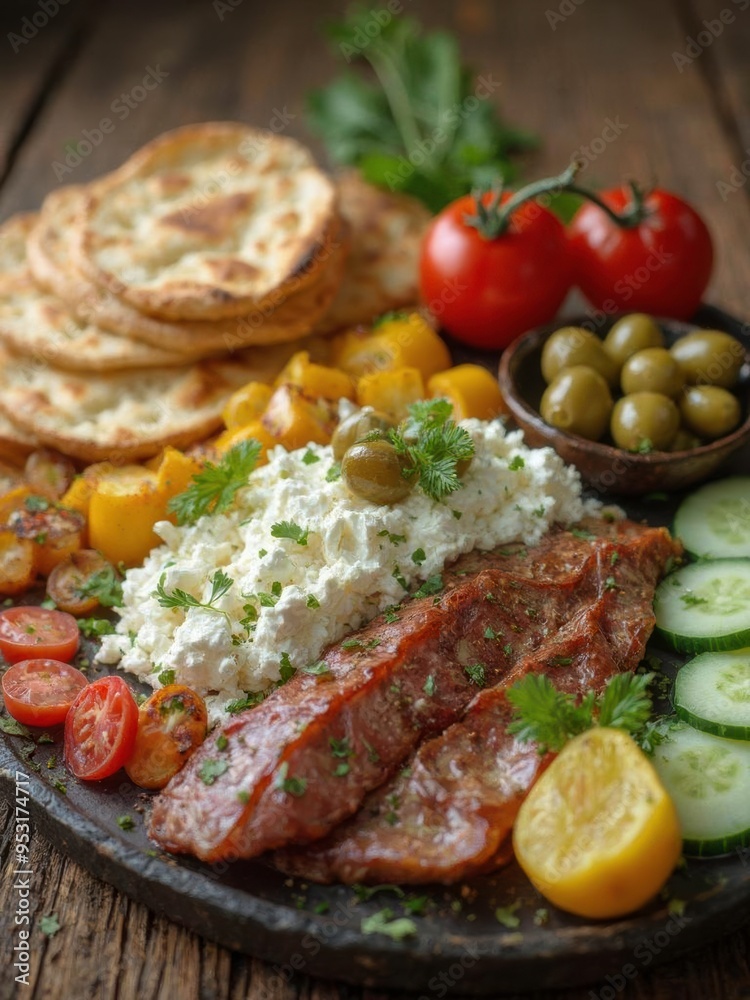 Delicious Platter Featuring Grilled Meat, Fresh Vegetables, and Flatbread Garnished With Herbs. Generative AI Delicious Platter Featuring Grilled Meat, Fresh Vegetables, and Flatbread Garnished With Herbs. Generative AI