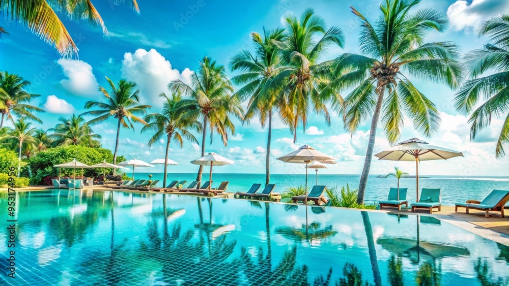 A luxurious tropical resort scene features an infinity pool overlooking a vast ocean. A luxurious tropical resort scene features an infinity pool overlooking a vast ocean.