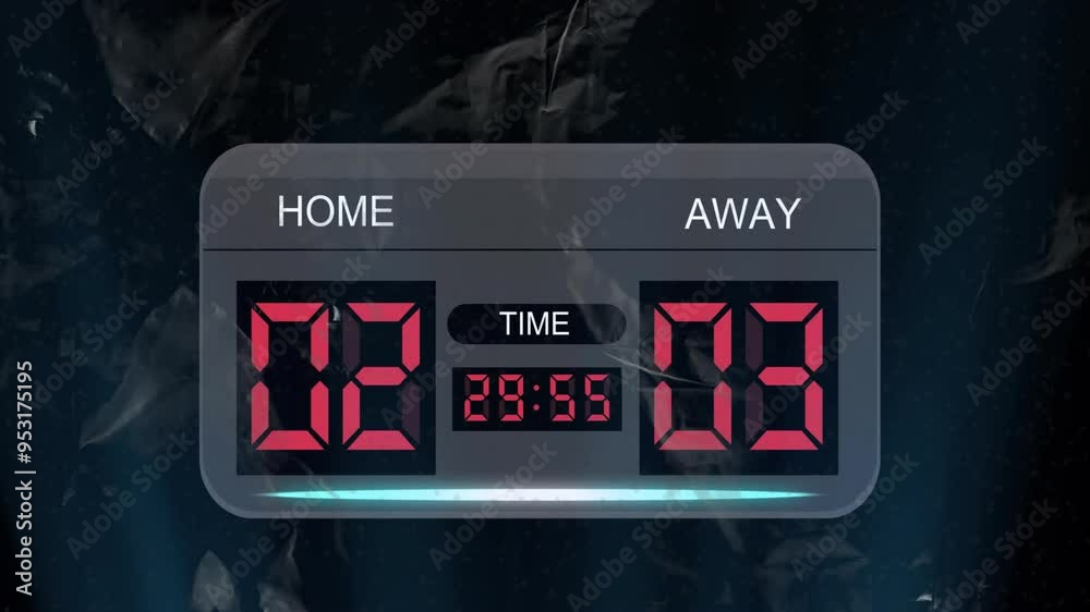 Digital scoreboard animation showing home team 2 and away team 3 with time 29:58