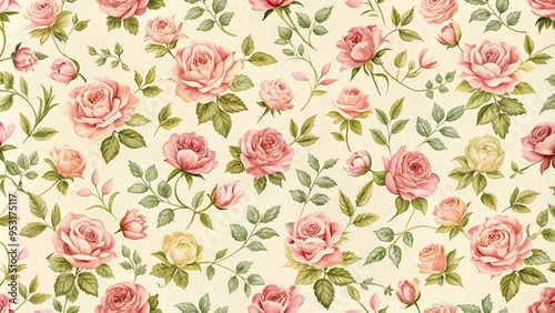 Wallpaper Mural Delicate, vintage-inspired rose pattern in soft pastel hues on a cream background, perfect for adding a touch of elegance to scrapbooking and paper crafting projects. Torontodigital.ca