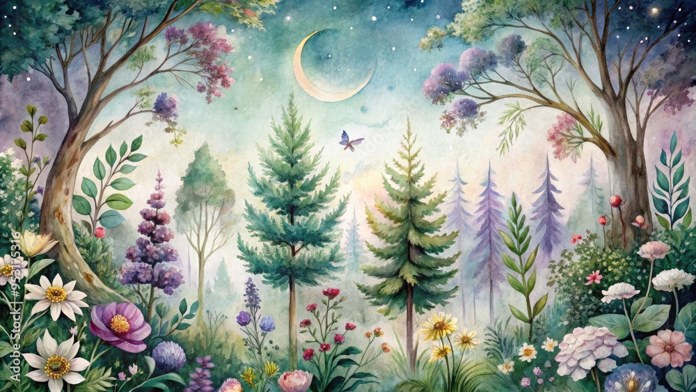 Φωτογραφία Delicate watercolor painting of a whimsical forest, with blooming wildflowers, towering trees, and a crescent moon shining down, surrounded by intricate botanical elements