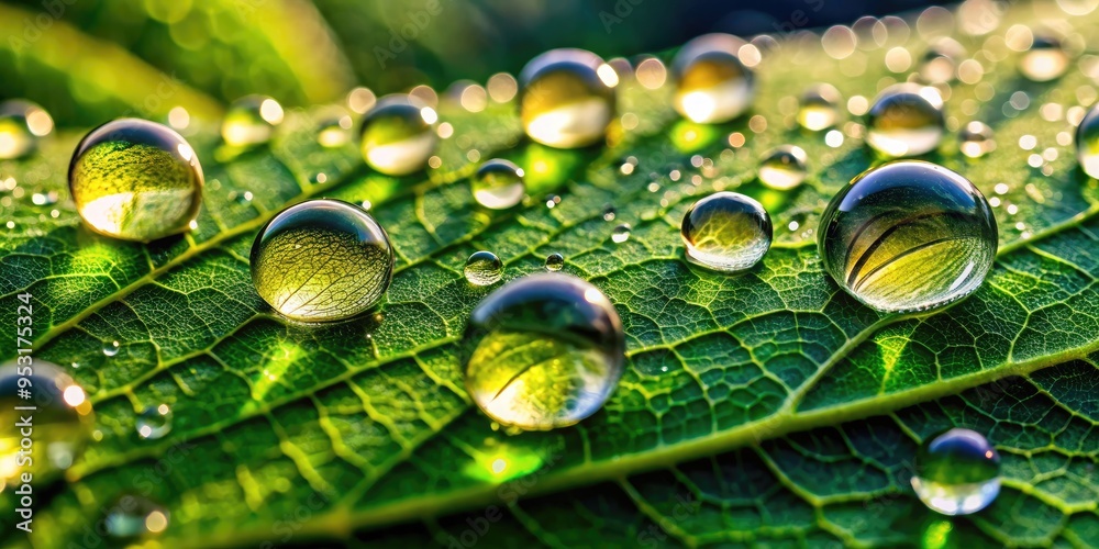 Εκτύπωση καμβά Delicate water droplets bead on a velvety green leaf, refracting morning light, showcasing intricate textures and microscopic details in this stunning macro photography capture