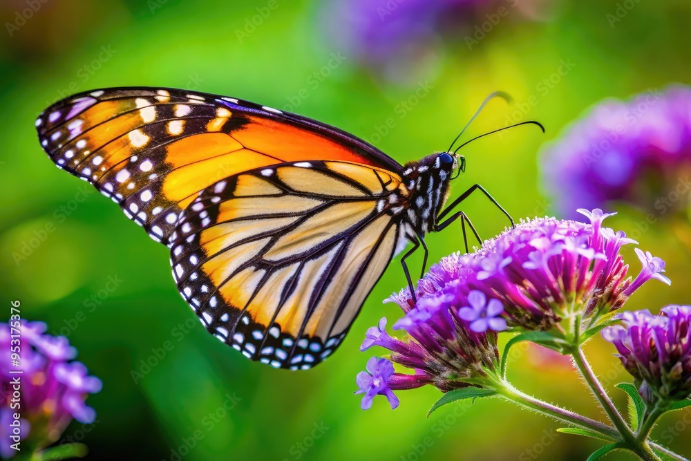 Delicate wings of a monarch butterfly spread wide as it sips sweet nectar from a vibrant purple flower, surrounded by lush green foliage. Delicate wings of a monarch butterfly spread wide as it sips sweet nectar from a vibrant purple flower, surrounded by lush green foliage.