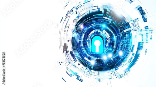 Futuristic digital security concept with blue lock surrounded by abstract technology and circuit design on a white background.