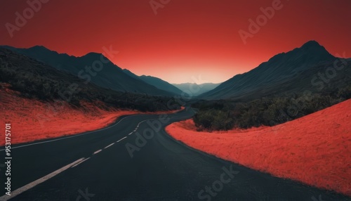 A winding asphalt road through a mountain pass with a red sky in the distance.