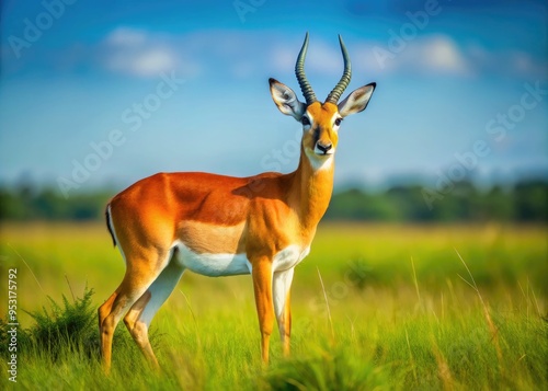 Elegant oribi antelope with reddish-brown coat and white undersides grazing peacefully in a lush green meadow under a bright blue African savannah sky.