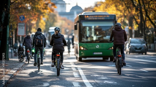 People Cycling on Bike Lane with Bus in Background