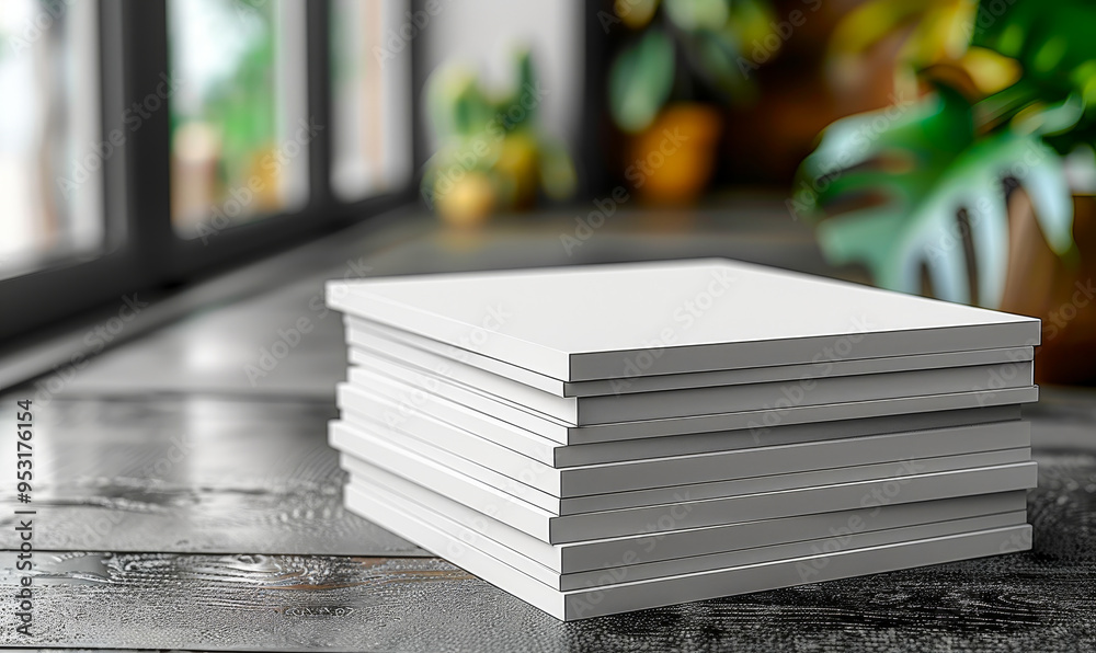 Stack of Blank Paper Sheets for Brochure Mockup on Grey Background with Natural Light and Greenery, Perfect for Business and Marketing Design Templates Stack of Blank Paper Sheets for Brochure Mockup on Grey Background with Natural Light and Greenery, Perfect for Business and Marketing Design Templates