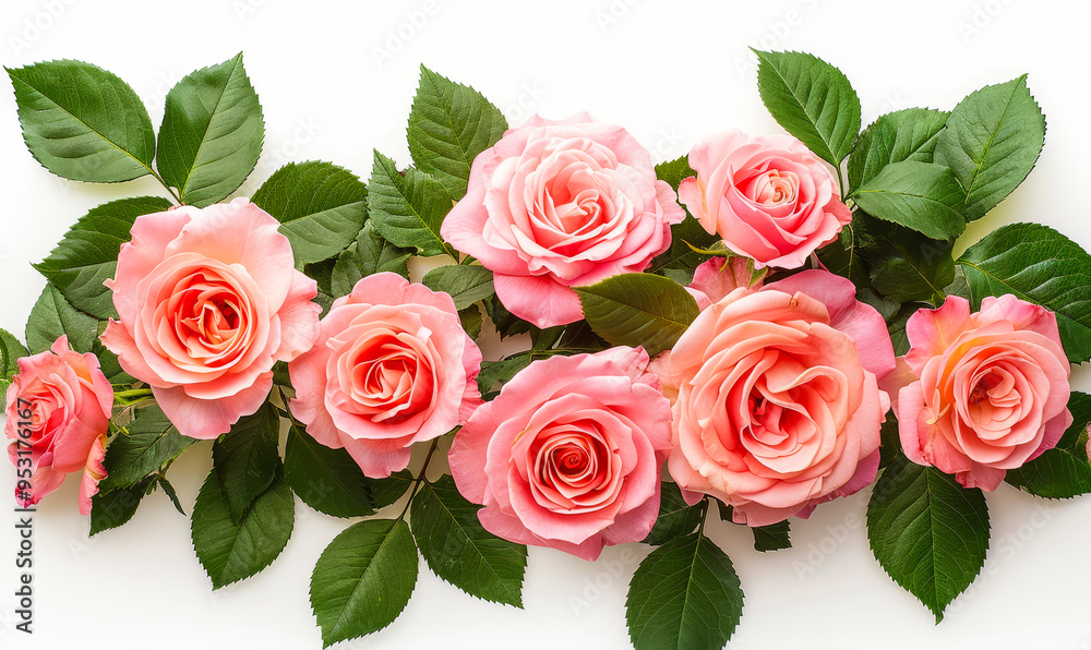 Elegant Pink Roses in Full Bloom with Green Leaves on White Background - Fresh Romantic Floral Arrangement - Nature and Beauty Concept Elegant Pink Roses in Full Bloom with Green Leaves on White Background - Fresh Romantic Floral Arrangement - Nature and Beauty Concept