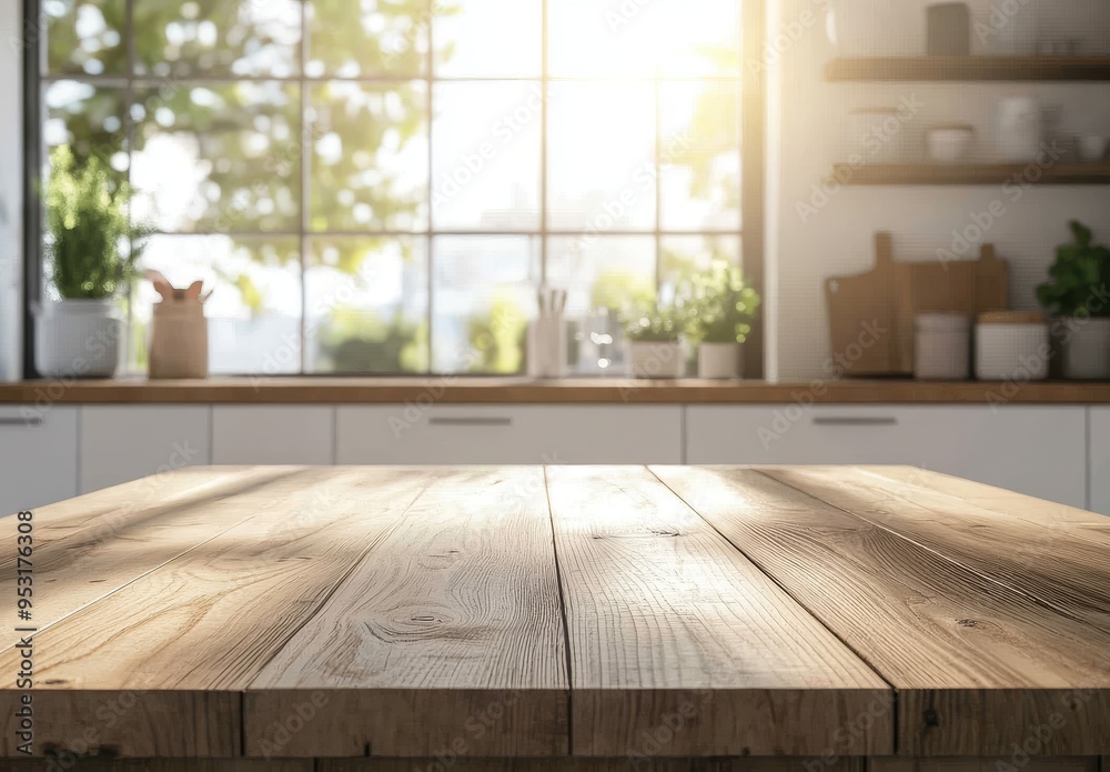 Wooden Tabletop with Blurred Kitchen Background Wooden Tabletop with Blurred Kitchen Background