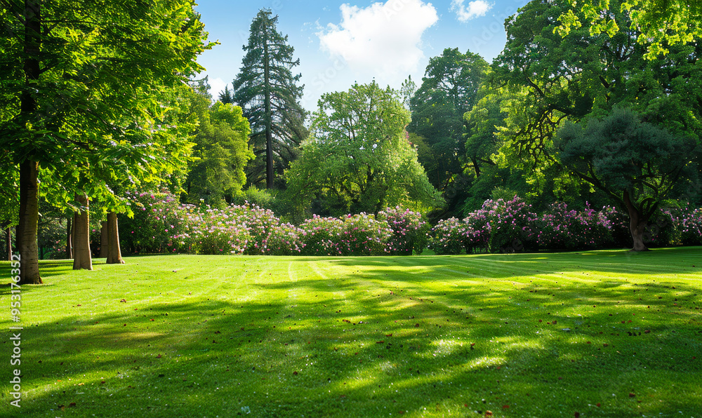 Sunny Summer Day in Park with Green Lawn and Trees, Peaceful Scenery, Nature Background, Bright Sunlight, Relaxation Concept Sunny Summer Day in Park with Green Lawn and Trees, Peaceful Scenery, Nature Background, Bright Sunlight, Relaxation Concept