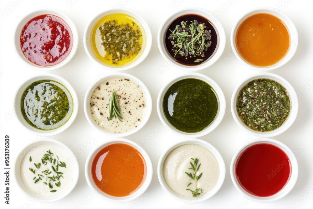 Variety of Dipping Sauces in Bowls with Herbs Variety of Dipping Sauces in Bowls with Herbs