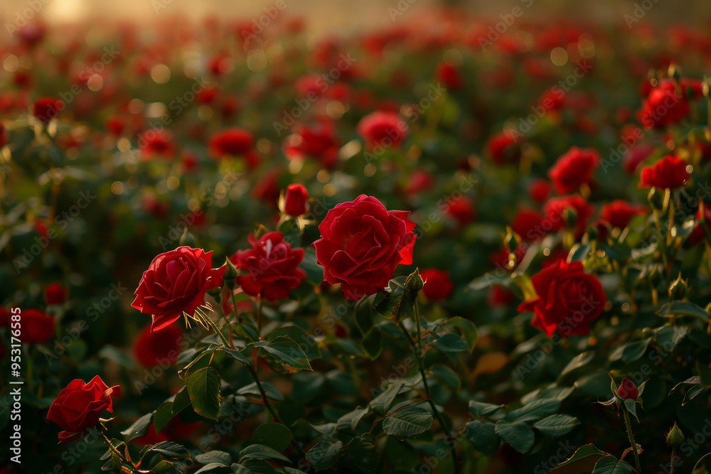 A field of red roses with the sun shining on them A field of red roses with the sun shining on them