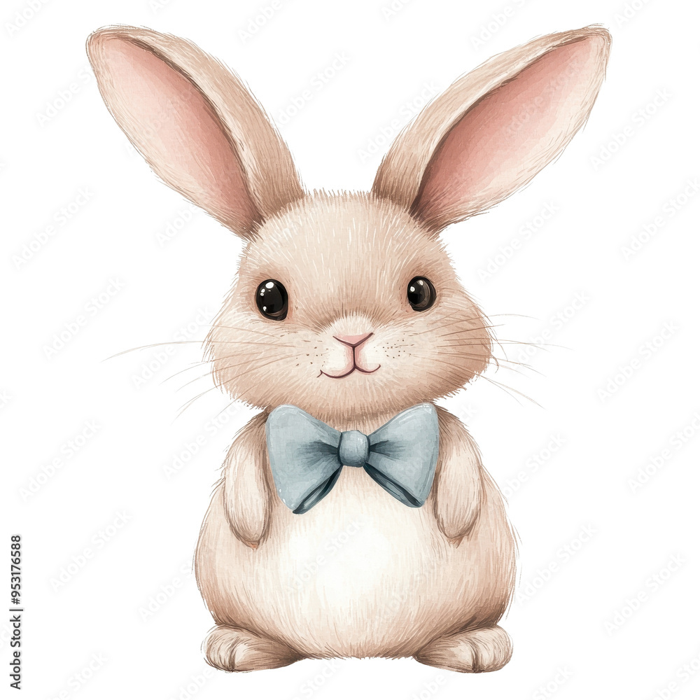 Fototapeta premium Cute and fluffy rabbit wearing a blue bow tie, perfect for Easter themes or children's illustrations.