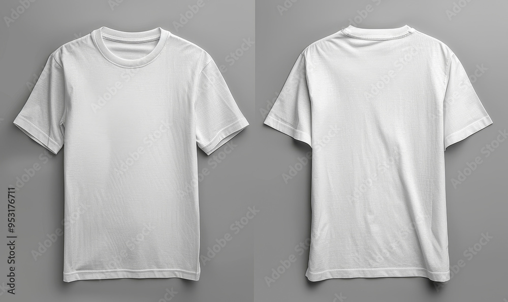 White T-Shirts Front and Back View on Gray Background for Copy Space, Mockup Design, Apparel Display, Custom Printing Ideas, Fashion Clothing, Minimalist and Clean Template, Product Showcase White T-Shirts Front and Back View on Gray Background for Copy Space, Mockup Design, Apparel Display, Custom Printing Ideas, Fashion Clothing, Minimalist and Clean Template, Product Showcase