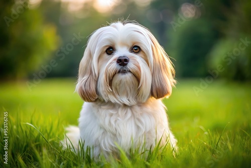 Fluffy White Lhasa Apso Dog Sitting Attentively With Brown Eyes And Alert Ears In A Field Of Green Grass