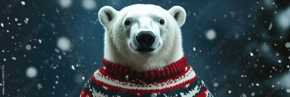Happy polar bear wearing a Christmas sweater