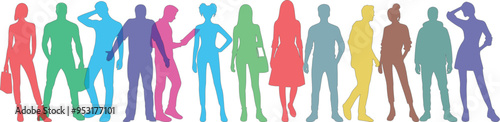 Colorful silhouette of diverse men and women, fashion, standing, posing, and interacting, showcasing individuality, creativity, and style
