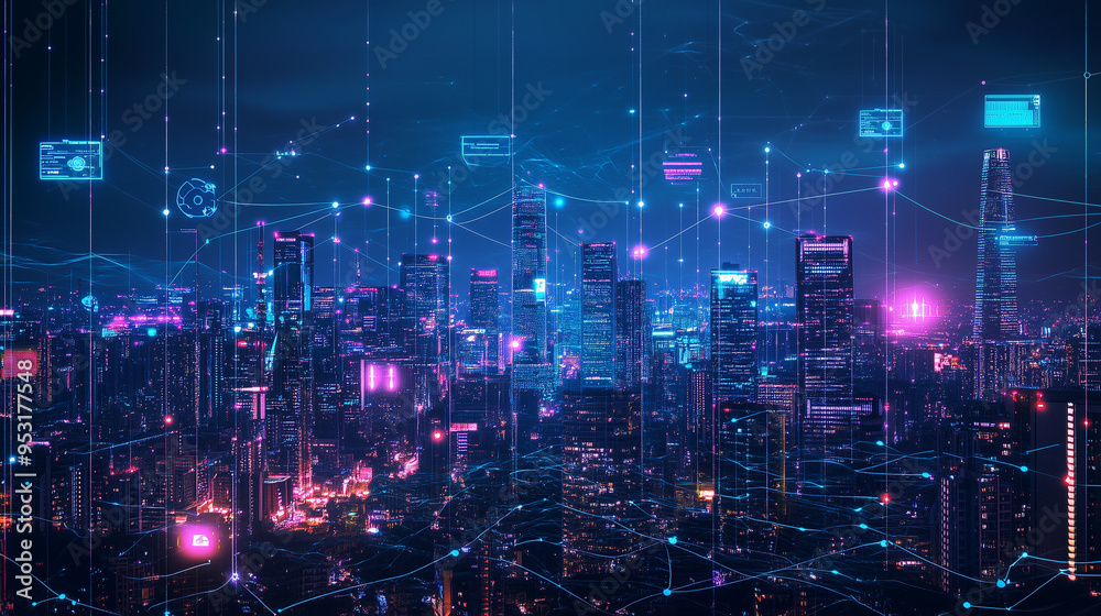 A cinematic view of a city skyline with wearable devices transmitting data to a centralized healthcare system, visible digital lines connecting devices to a massive server hub. A cinematic view of a city skyline with wearable devices transmitting data to a centralized healthcare system, visible digital lines connecting devices to a massive server hub.