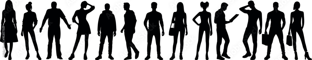 Silhouette figures of diverse people in various poses, emphasizing human diversity and body language, perfect for illustrating social concepts, teamwork, or community engagement Silhouette figures of diverse people in various poses, emphasizing human diversity and body language, perfect for illustrating social concepts, teamwork, or community engagement