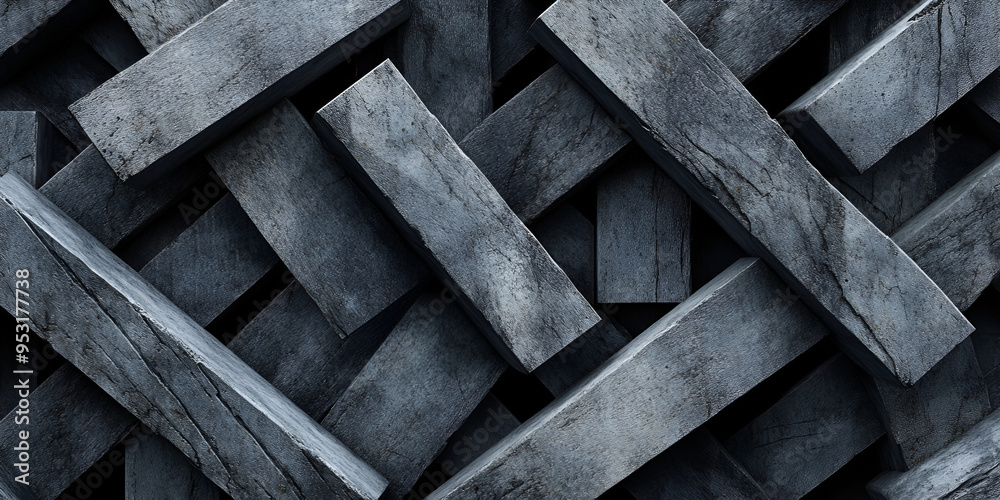 A complex arrangement of dark gray wooden planks creating an intricate woven texture in a contemporary design setting A complex arrangement of dark gray wooden planks creating an intricate woven texture in a contemporary design setting