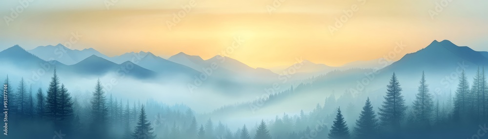 Obraz premium Misty Mountain Forest Sunrise Landscape