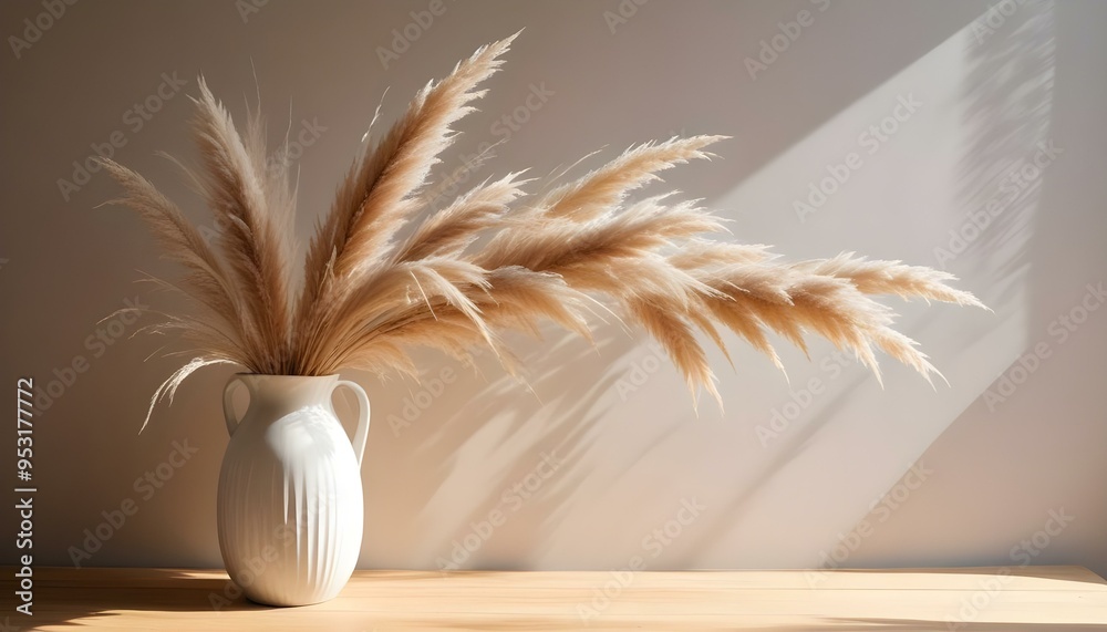 Naklejka premium Dried pampas grass in a white ceramic vase on a wooden surface, with soft shadows from natural light