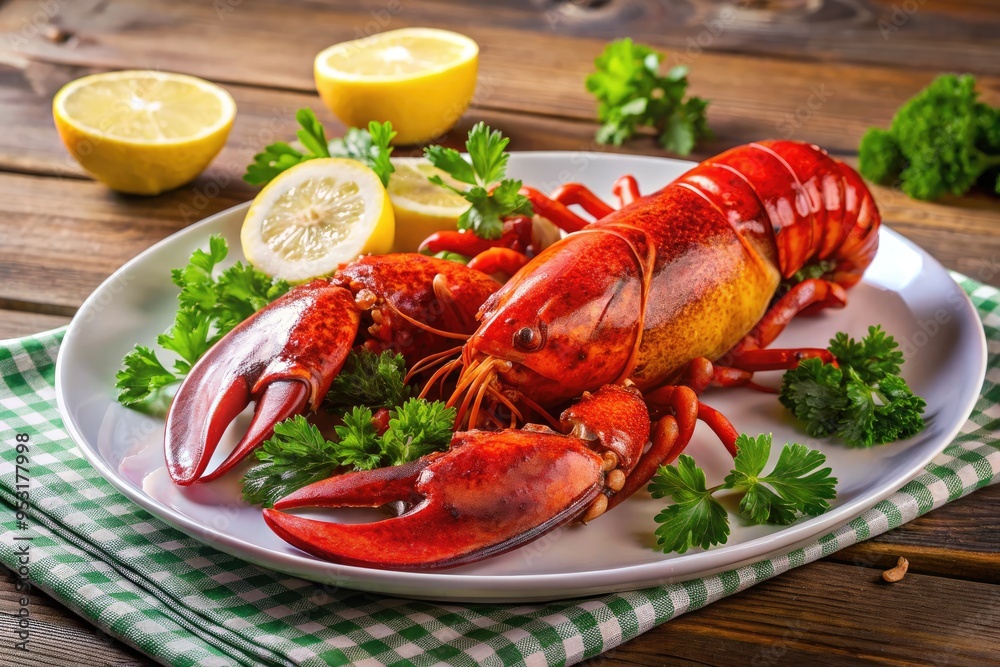Freshly steamed whole lobster served on a white plate with melted butter and lemon wedges, garnished with parsley and placed on a wooden tablecloth. Freshly steamed whole lobster served on a white plate with melted butter and lemon wedges, garnished with parsley and placed on a wooden tablecloth.