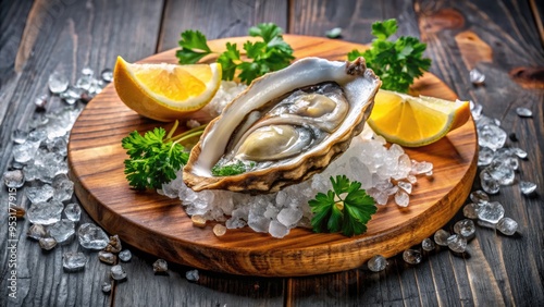 Freshly shucked oyster nestled on a bed of crushed ice, garnished with lemon wedges and parsley, on a rustic wooden platter against a natural background.