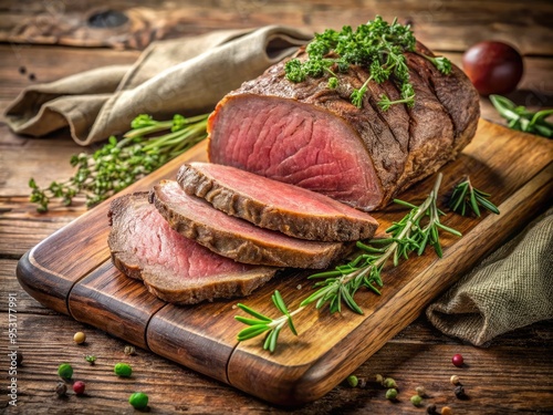 Freshly sliced silverside roast beef, garnished with sprigs of rosemary, rests on a wooden cutting board, surrounded by scattered fresh thyme and rustic linens. photo