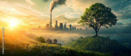 A striking contrast between a serene natural landscape with a tree at sunrise and a distant industrial city emitting smoke, highlighting the environmental divide.