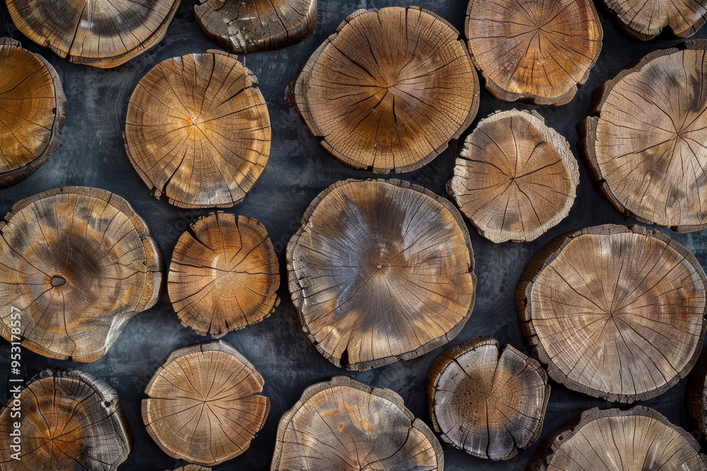 A large collection of wood logs, some of which are cut into circles A large collection of wood logs, some of which are cut into circles