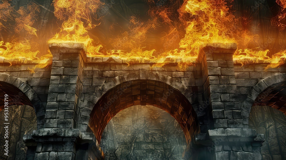 Fototapeta premium Stone archway with mystical yellow fire on top.