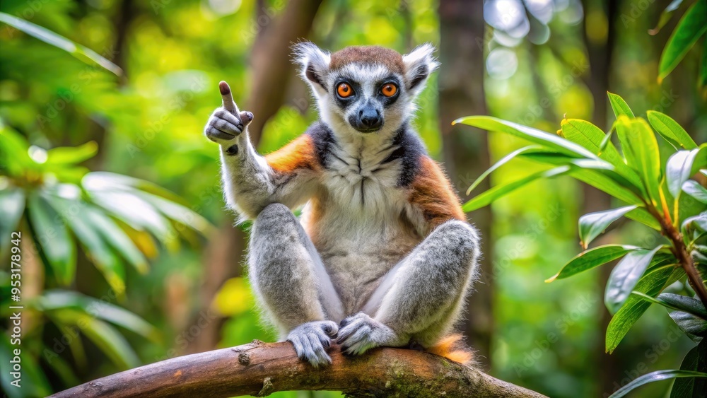 Long-fingered, bushy-tailed lemur with a thin, elongated middle finger, perches on a tree branch, showcasing its unique features in a Madagascar forest habitat. Long-fingered, bushy-tailed lemur with a thin, elongated middle finger, perches on a tree branch, showcasing its unique features in a Madagascar forest habitat.