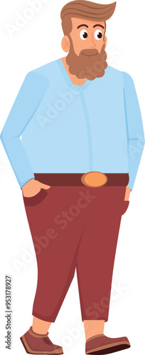 Chubby man walking. Cartoon corpulent body character