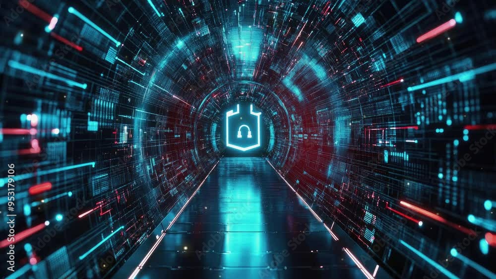 Abstract Blue and Red Digital Tunnel with a Headphones Icon Inside a Shield Abstract Blue and Red Digital Tunnel with a Headphones Icon Inside a Shield
