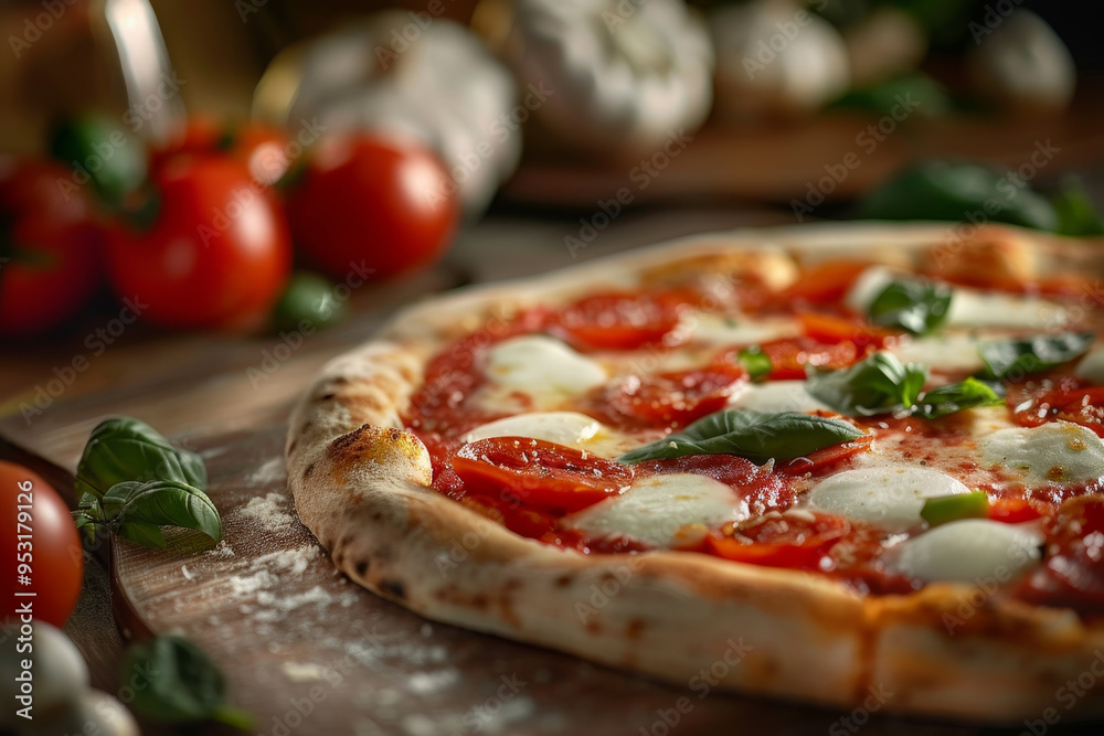 A pizza with lots of toppings including basil and cheese