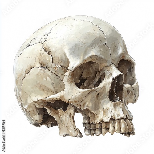 A detailed digital illustration of a cracked skull on a white background, perfect for Halloween decorations and themed content, with copy space.