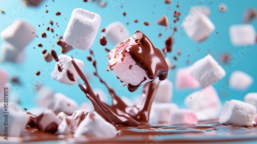 Delicious marshmallows splashing into rich chocolate, creating a joyful mess.
