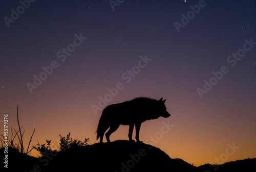 The shadow of a wolf standing on a hill with a sunset background. illustration