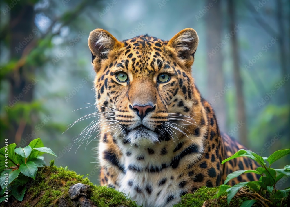 Obraz premium Majestic Amur leopard, critically endangered species, inhabits Russian Far East, showcasing striking fur patterns, piercing eyes, and agile physique amidst misty forest undergrowth.