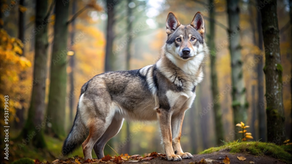 Majestic Czechoslovakian Wolfdog stands proudly amidst a serene forest backdrop, its piercing eyes and thick coat radiating intelligence, loyalty, and ancient wildness. Majestic Czechoslovakian Wolfdog stands proudly amidst a serene forest backdrop, its piercing eyes and thick coat radiating intelligence, loyalty, and ancient wildness.