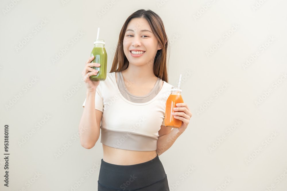 Orange, green detox juice, smile asian young woman hand holding bottle of vegetable juice, carrot smoothie for diet, girl drinking healthy meal food for weight loss, standing isolated on background Orange, green detox juice, smile asian young woman hand holding bottle of vegetable juice, carrot smoothie for diet, girl drinking healthy meal food for weight loss, standing isolated on background